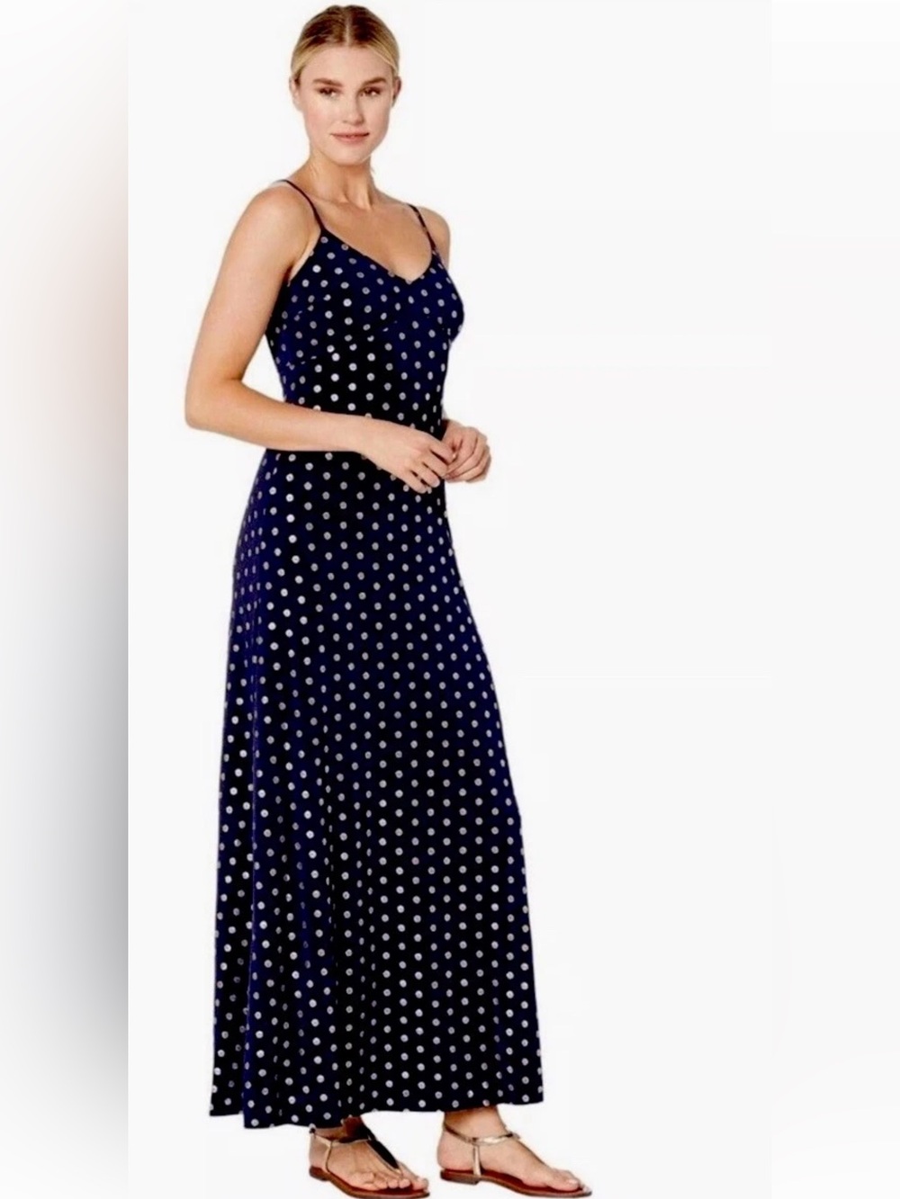 Michael Kors Navy Gold Foil Mini Medal Print Maxi Dress XL Spaghetti Strap